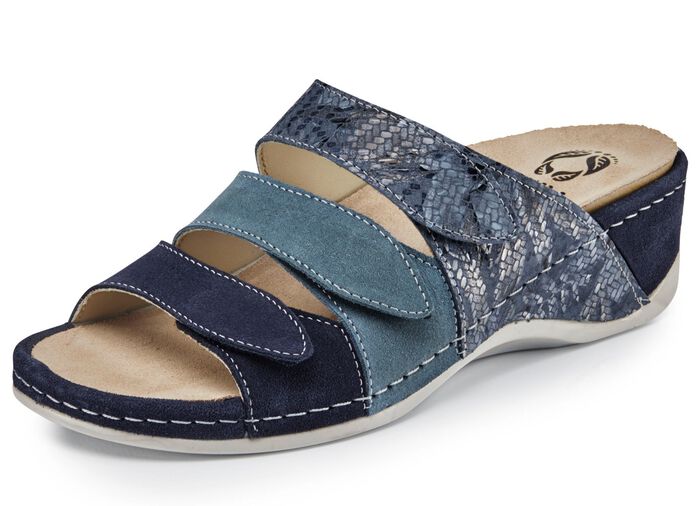 Mubb, bequeme Damen-Pantoletten, Weite H, mit herausnehmbarem Fussbett BLAU