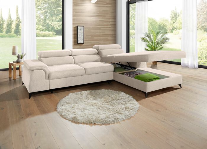 Polsterecke mit Bettfunktion und verstellbaren Kopfst&uuml;tzen CREME