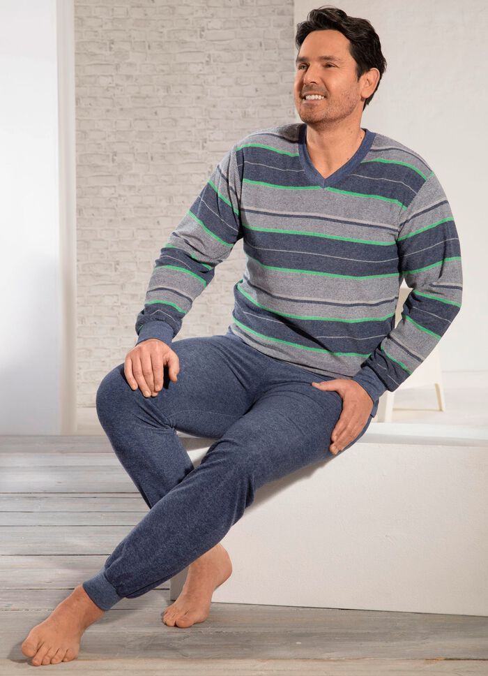 Pyjama mit B&uuml;ndchenabschl&uuml;ssen, V-Ausschnitt und garngef&auml;rbtem Ringeldessin 