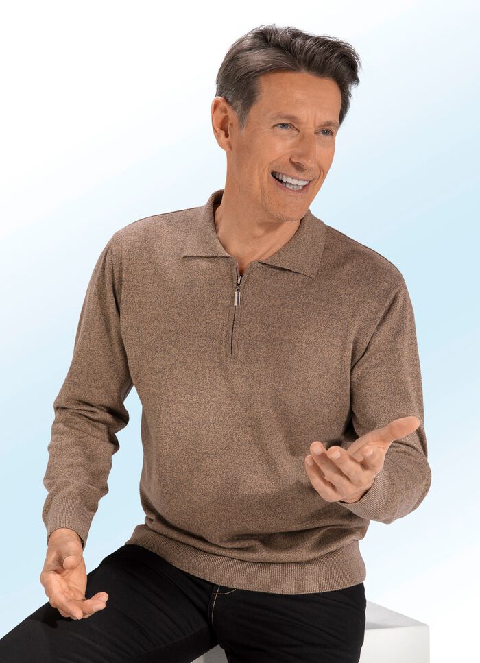 Polopullover mit kurzem Reissverschluss in 3 Farben BRAUN MEL.