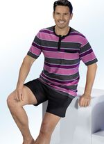 Shorty aus BIO-Baumwolle mit garngefärbtem Ringeldessin, Knopfleiste und Brusttasche 