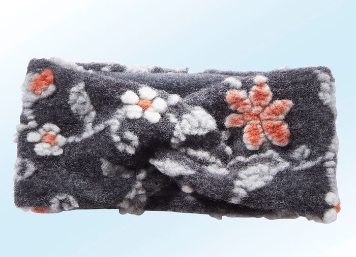 Flauschiges Stirnband mit Bl&uuml;tenranken GRAU-ORANGE