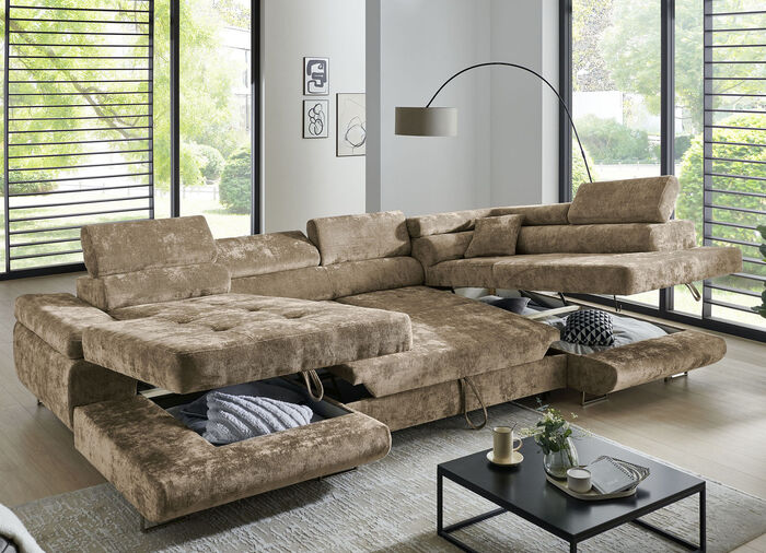 Wohnlandschaft mit Bettfunktion und Bettkasten BRAUN