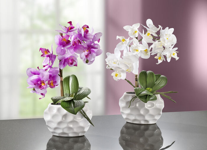 Orchideen-Gesteck in Keramikvase WEISS