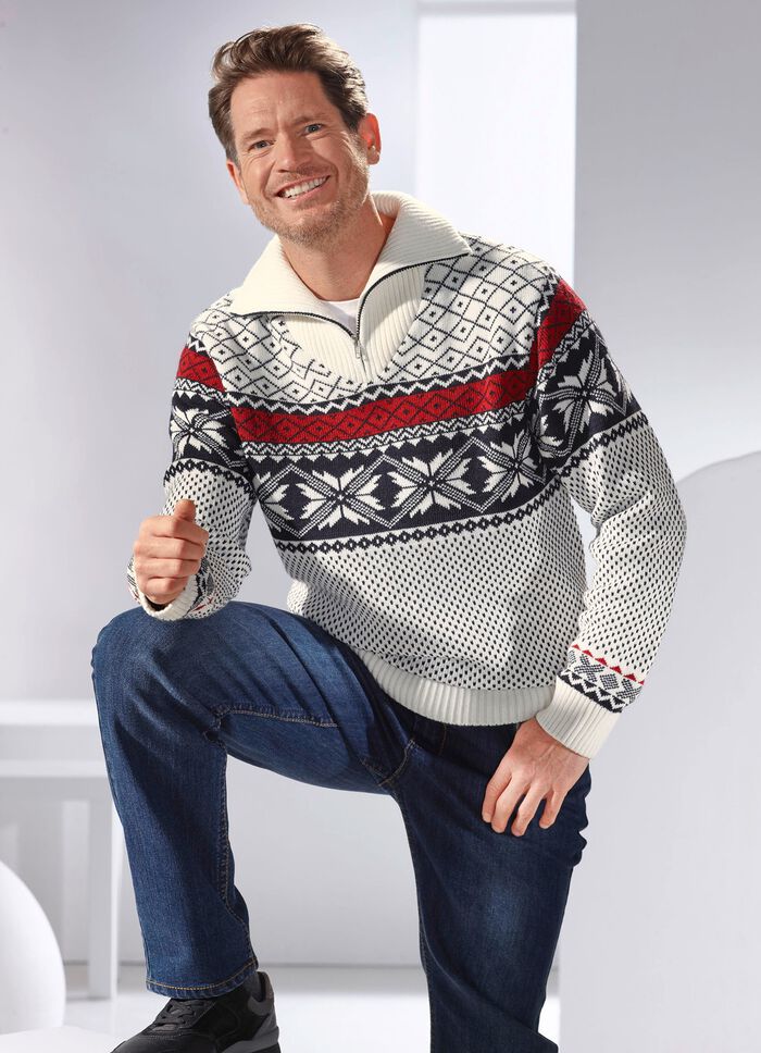 Troyer mit Norwegermuster WOLLWEISS-MARINE-ROT