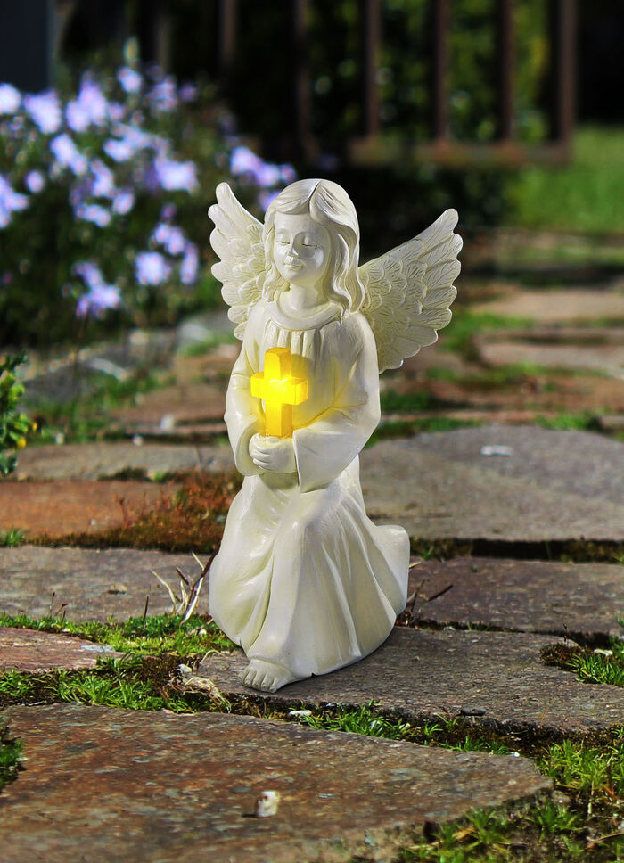 Solarengel mit Kreuz aus Polyresin 
