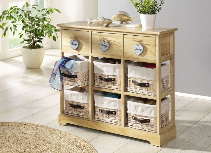 Massivholz Kommode mit Körbe aus Weide NATUR