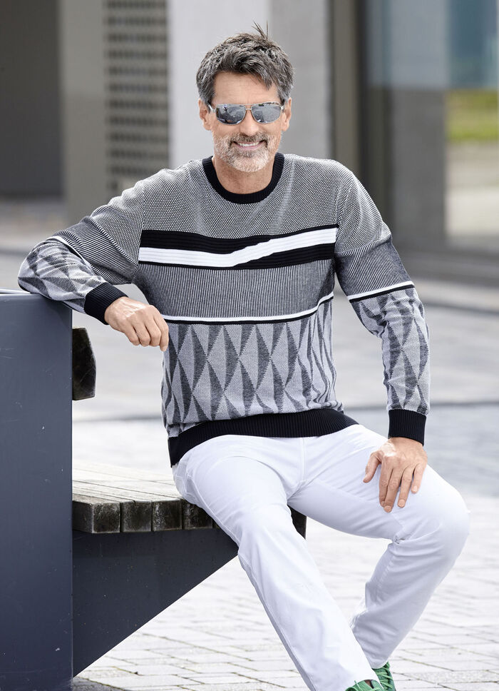 Gemusterter Rundhalspullover in 2 Farben SCHWARZ-WEISS