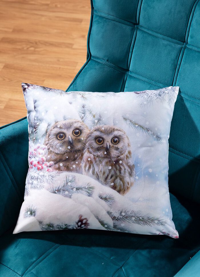 Kissenbezug in Samtoptik mit Schneeeulen-Motiv 