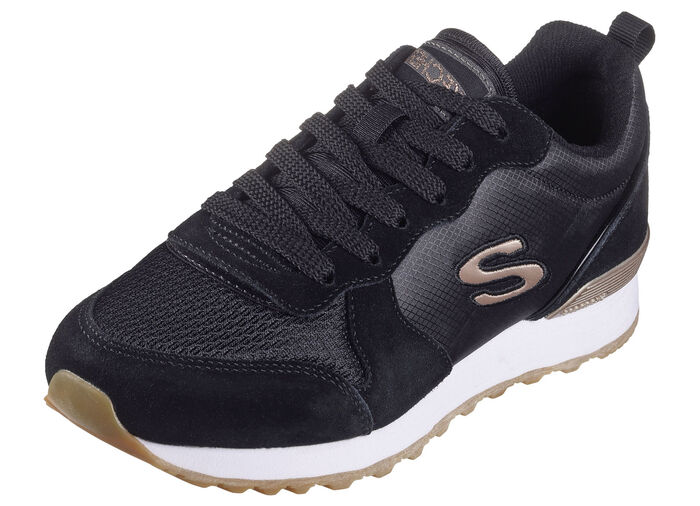 SKECHERS, sportliche Damen-Sneaker, aus Leder, Synthetik und Mesh SCHWARZ-ROSÉGOLD