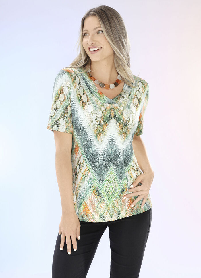 Shirt mit V-Ausschnitt GRÜN-ORANGE