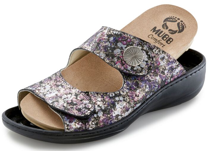 Mubb Pantolette aus floral bedrucktem Leder LILA-BUNT