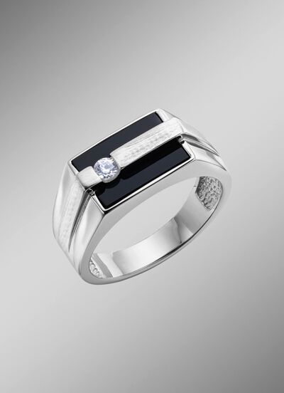 Herrenring aus Silber mit Echt Onyx und synthetischen Zirkonia 