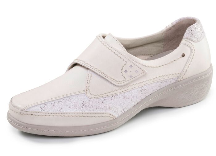 ELENA EDEN, komfortable Damen-Slipper, Weite G, mit herausnehmbarem Fussbett ECRU-SILBER