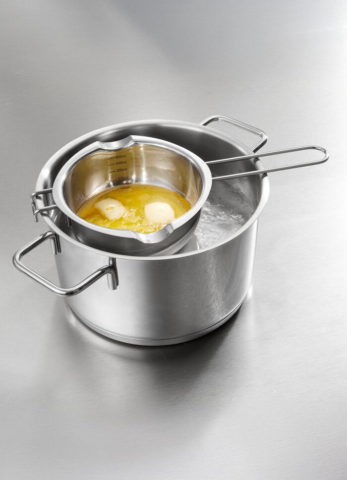 Schmelztopf aus Edelstahl mit zwei Ausg&uuml;ssen 