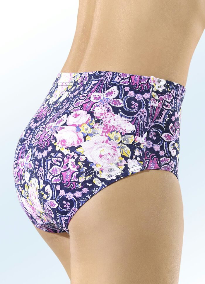 Fünferpack Slips in marine mit pink-gelb-buntem Druckdessin