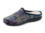 Laurina Pantoffel aus Textilmaterial mit bunter Blumenstickerei BLAU