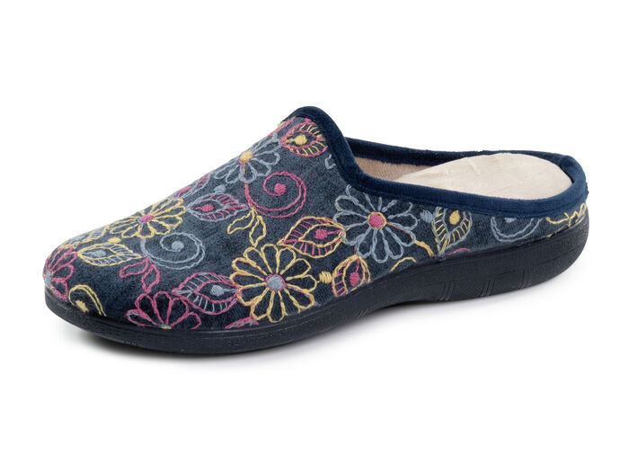 Laurina Pantoffel aus Textilmaterial mit bunter Blumenstickerei BLAU