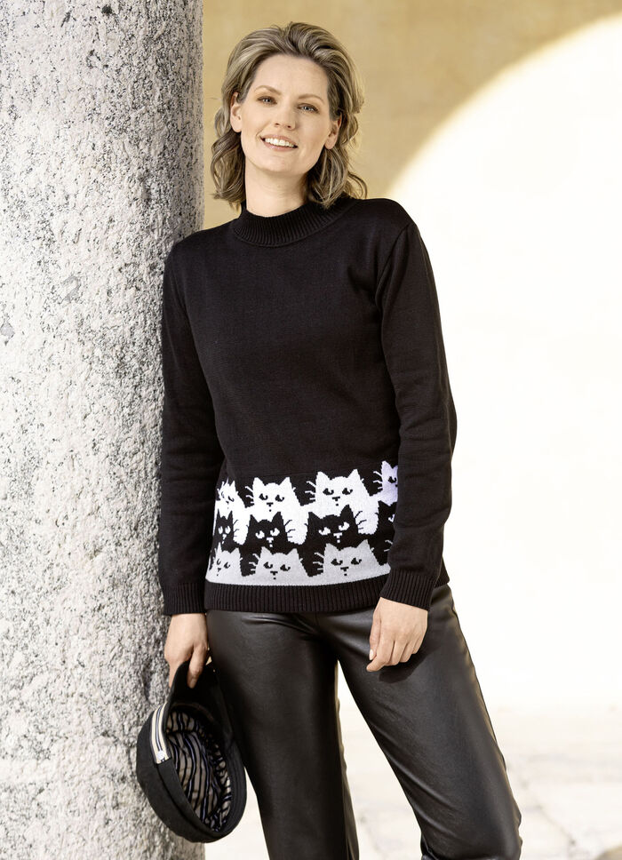 Pullover mit witzigen Katzen SCHWARZ-WEISS-GRAU