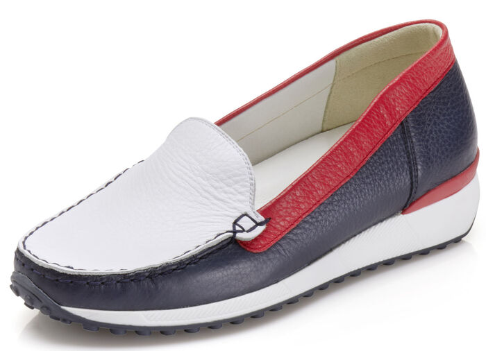 Waldläufer, klassische Damen-Slipper, Weite H, mit herausnehmbarem Fussbett BLAU-WEISS-ROT