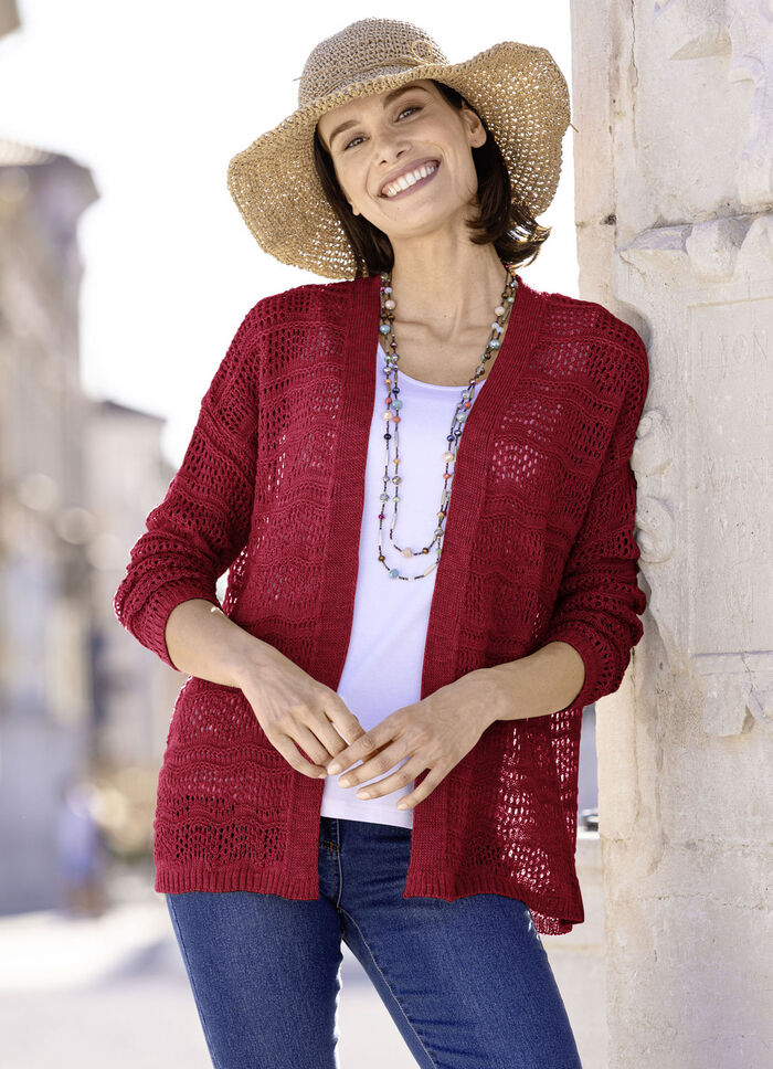 Strickjacke in feinem Netzstrick KIRSCHROT