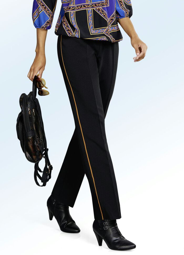 Hose mit angesagter Kontrast-Zierpaspel SCHWARZ-MESSING