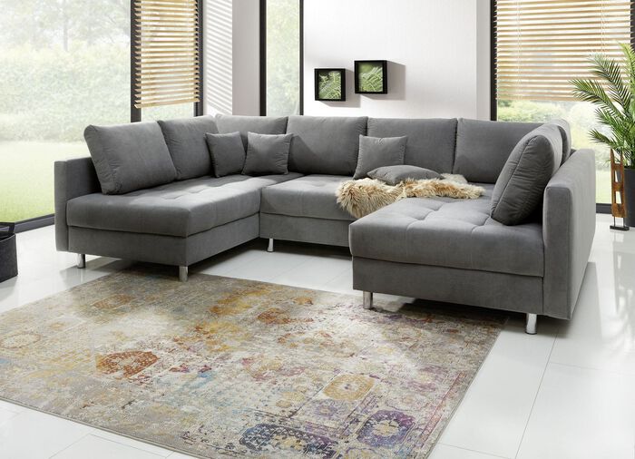 Polsterm&ouml;bel mit Hocker und Kissen GRAU