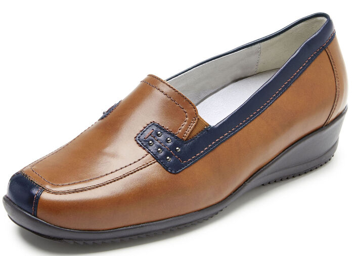 Waldläufer, bequeme Damen-Slipper, Weite H, mit herausnehmbarem Fussbett COGNAC-BLAU