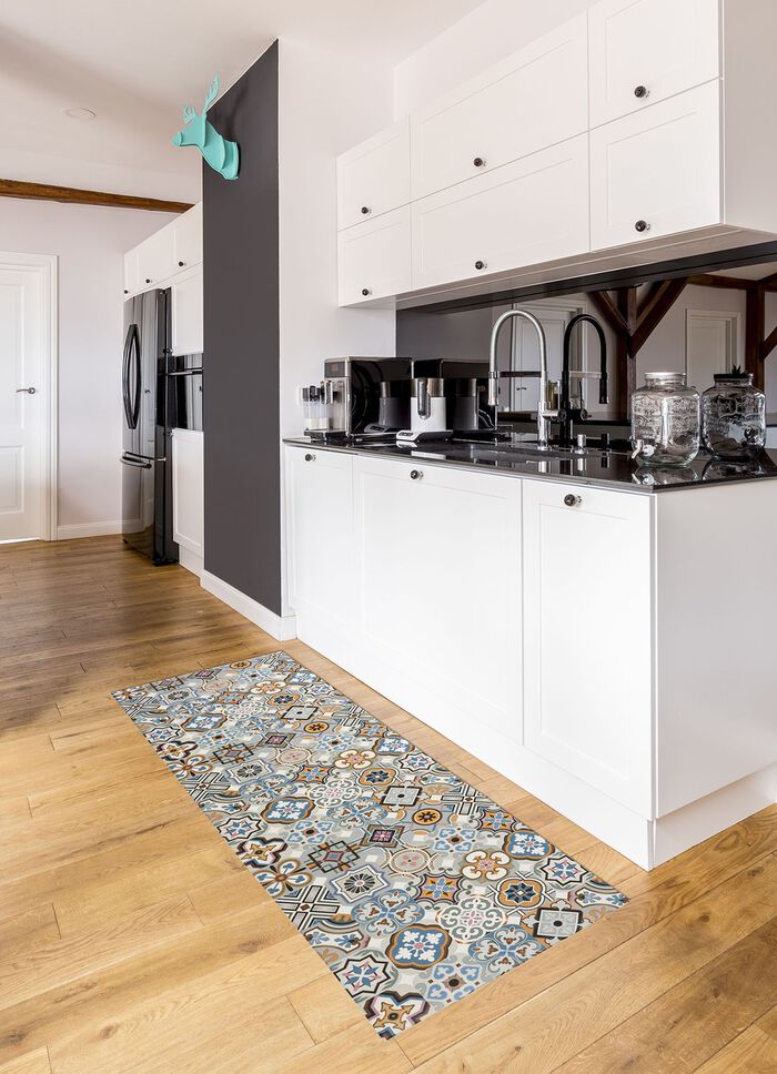 Strapazierf&auml;higer K&uuml;chenl&auml;ufer und -teppich im Fliesen-Design BLAU-GRAU