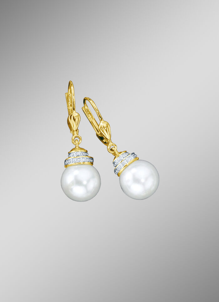 Ohrringe mit S&uuml;&szlig;wasser-Zuchtperlen und synth. Zirkonia 