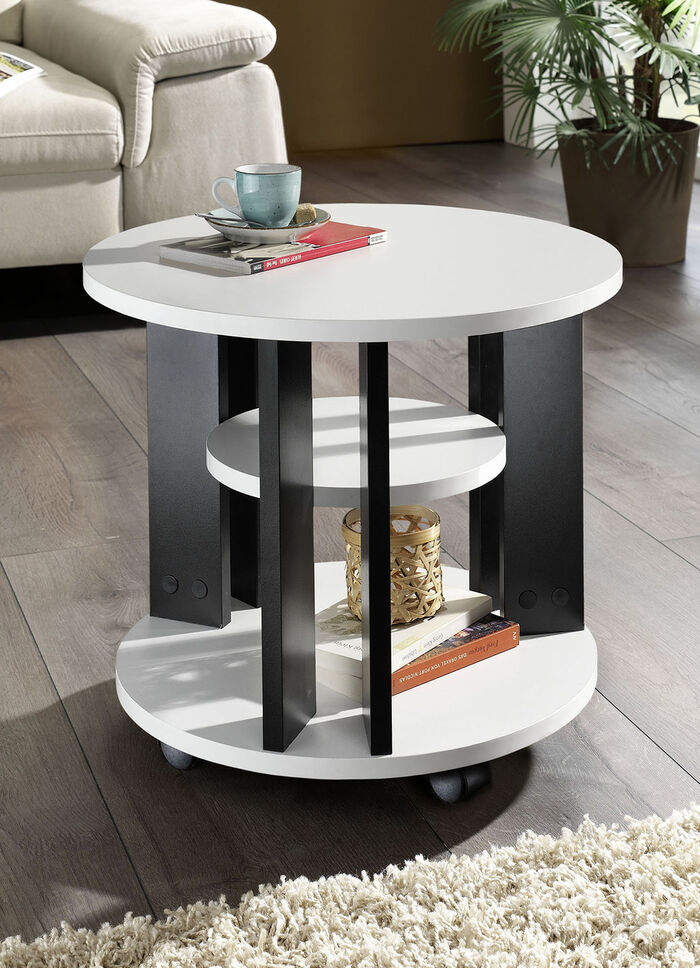 Couchtisch mit 2 Ablageflächen und 4 Rollen WEISS-SCHWARZ