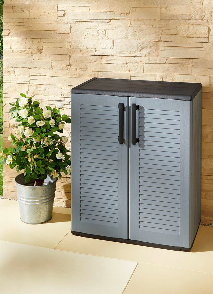 Gartenschrank in Lamellenoptik GRAU-SCHWARZ