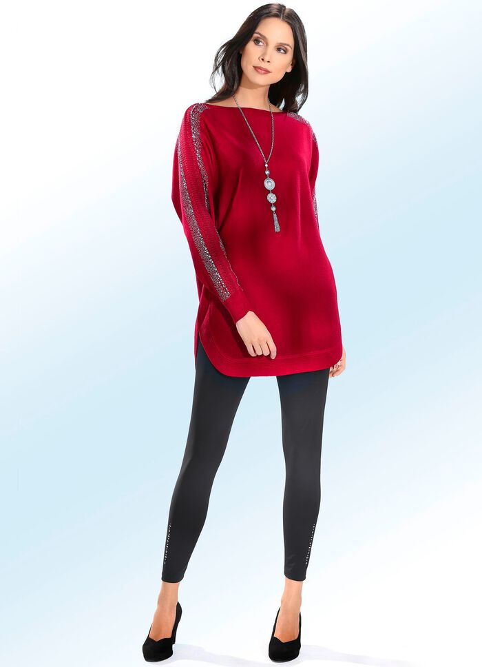 Pullover mit Spitzenbesatz und Strasszier ROT