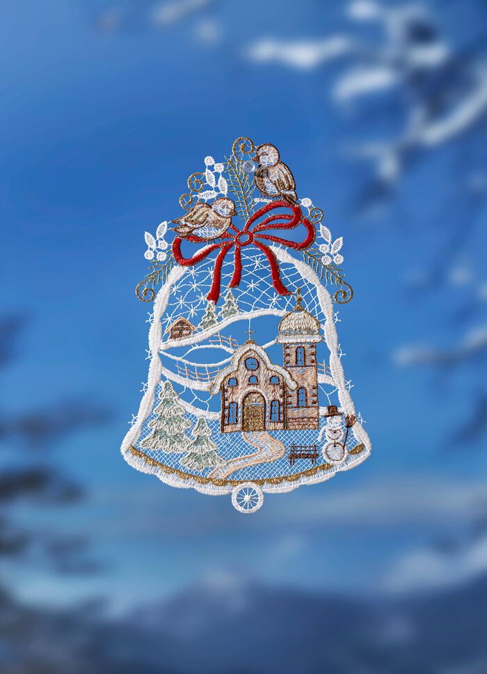 Wundersch&ouml;nes Fensterbild "Glocke" aus echter Plauener Spitze  