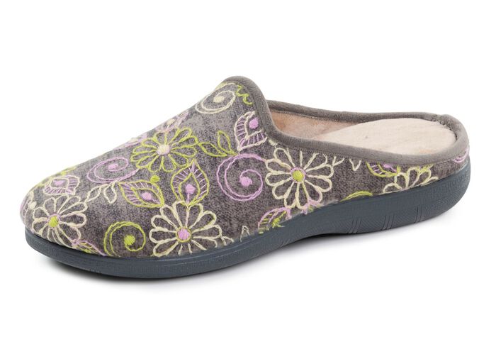 Laurina Pantoffel aus Textilmaterial mit bunter Blumenstickerei GRAU