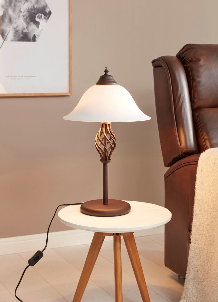 Tischlampe aus Metall mit Glasschirm 