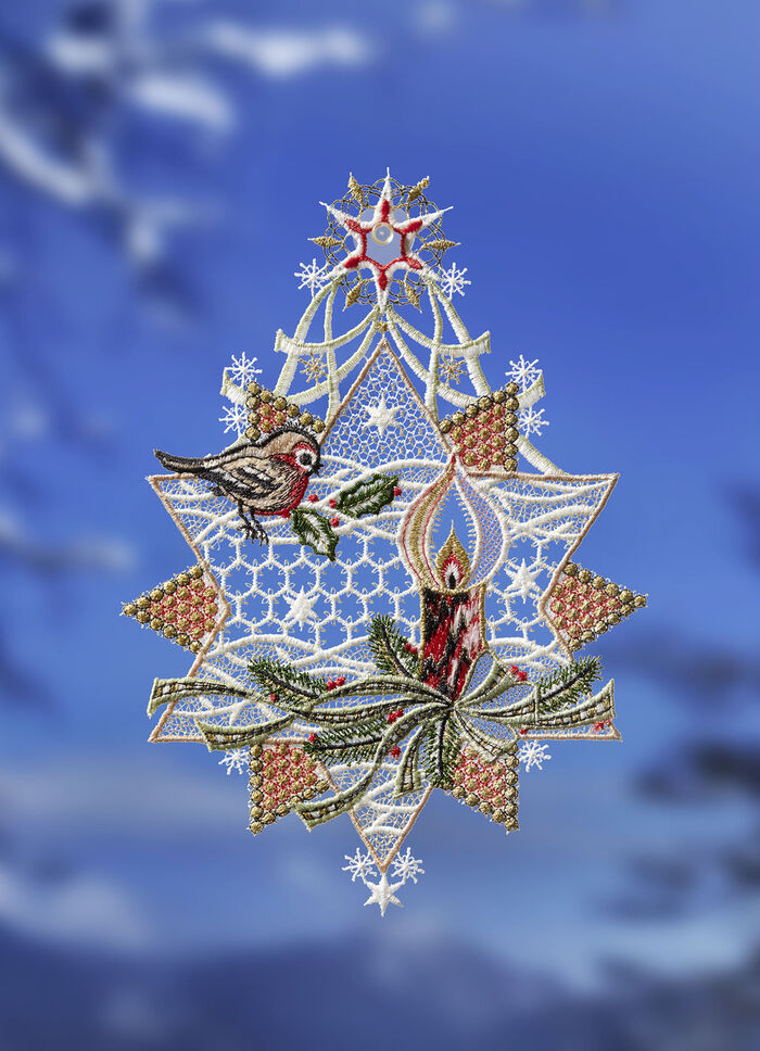 Fensterbild Stern mit Vogel aus Plauener Spitze 