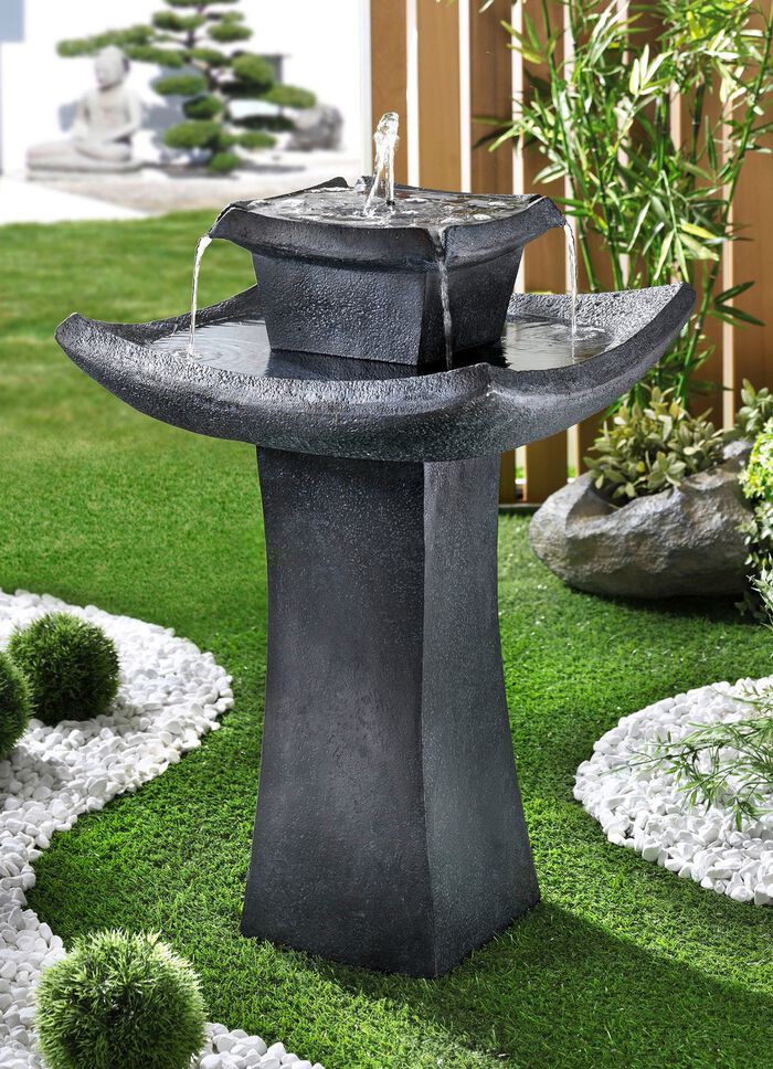 Solarbrunnen Pagode in t&auml;uschend echter Steinoptik 