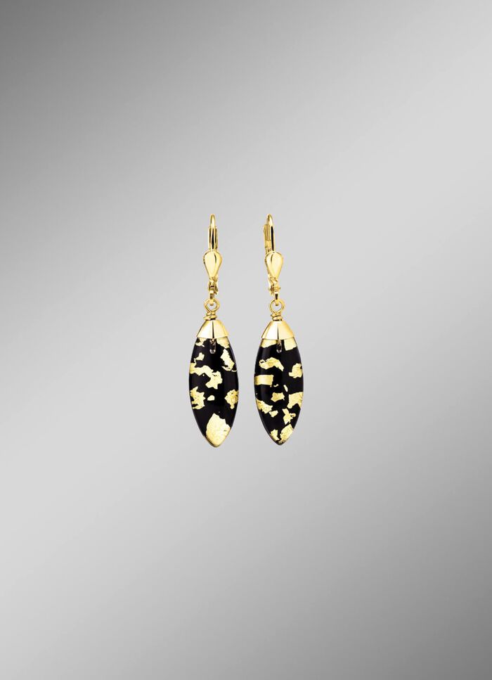 Ohrringe mit Onyx, beh. und Bergkristall mit Blattgold-Triplette 