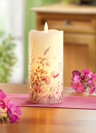 LED-Echtwachskerze mit Blumenwiesenmotiv 