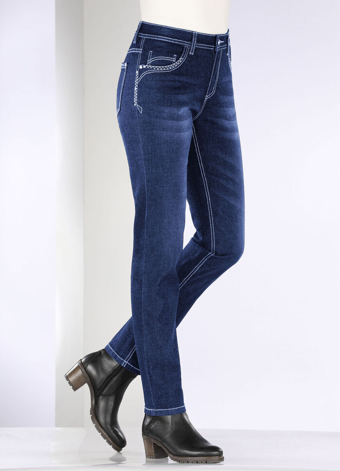 Jeans mit Ziernähten und Strasssteinen DUNKELBLAU