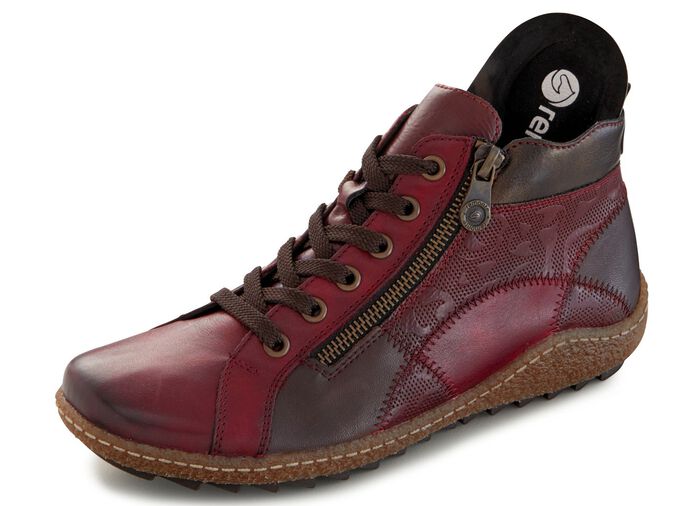 Schn&uuml;r-Stiefelette in 3 Farben mit herausnehmbarem Fussbett WEINROT-MOKKA