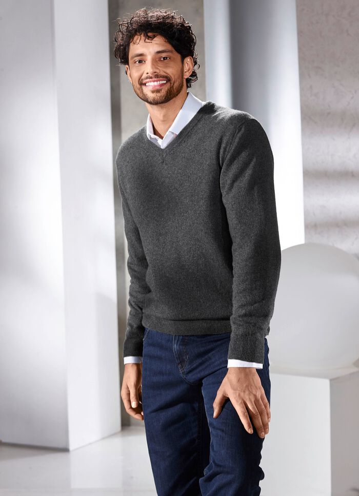 Unifarbener V-Pullover in 4 Farben ANTHRAZIT MELIERT