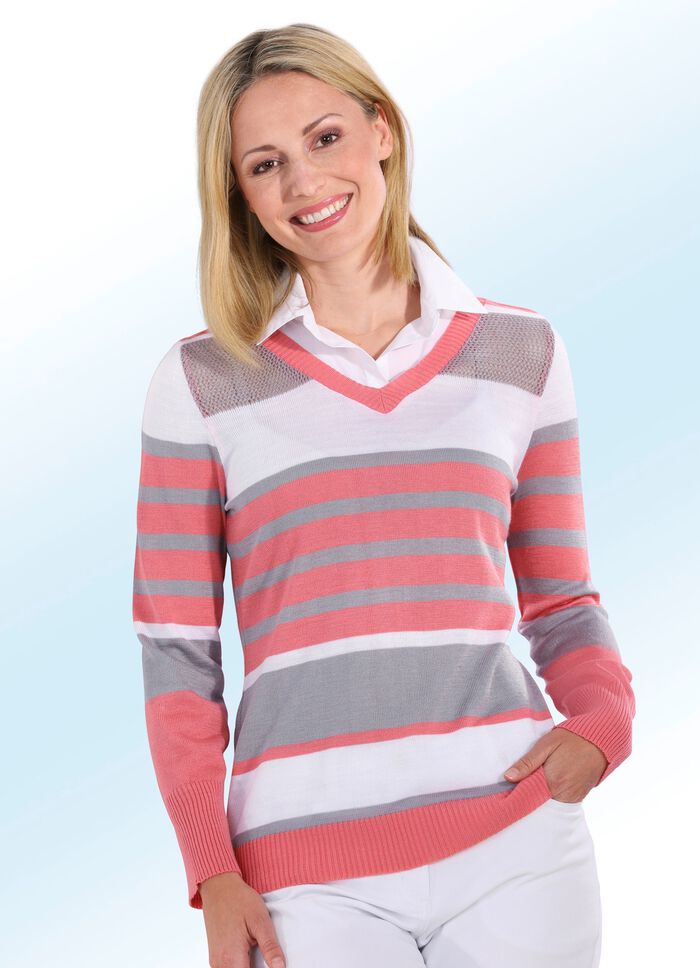 Blusenpullover in Streifen-Dessin KORALLE-GRAU-WEISS