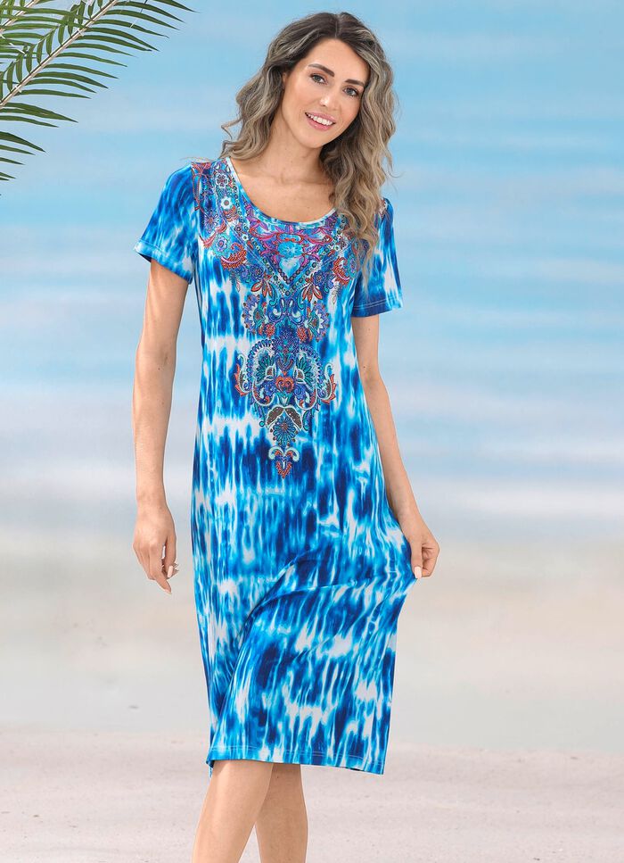 Laurina Kleid mit farbbrillantem Druckdessin. Schmucksteinchen und kurzen &Auml;rmeln 