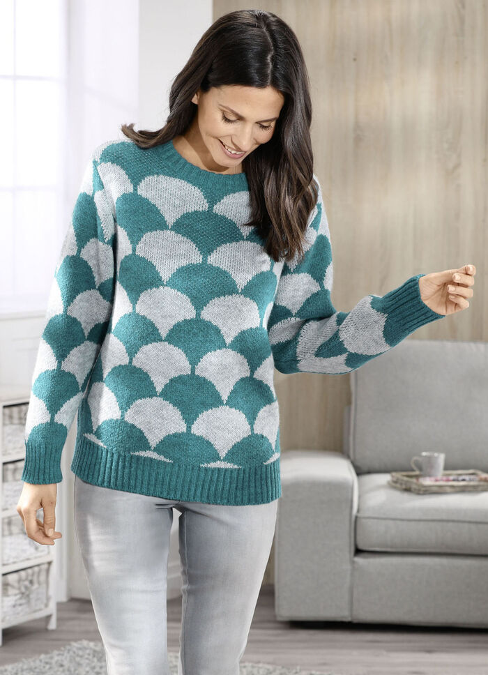 Pullover in flauschigem Jacquard-Dessin GRAU MELIERT-PETROL