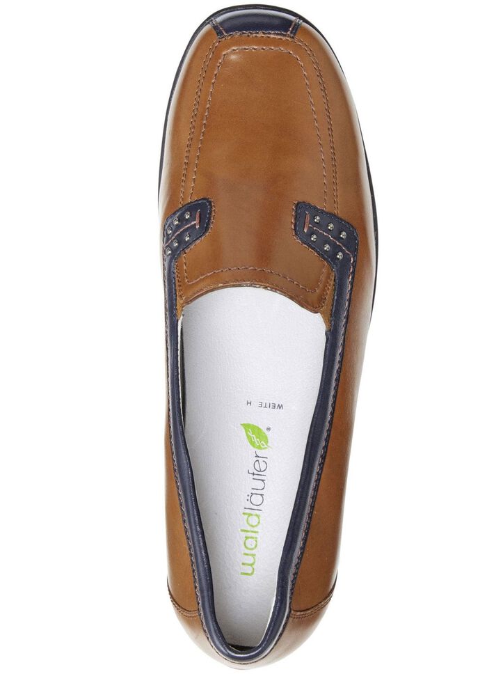 Waldl&auml;ufer, bequeme Damen-Slipper, Weite H, mit herausnehmbarem Fussbett COGNAC-BLAU