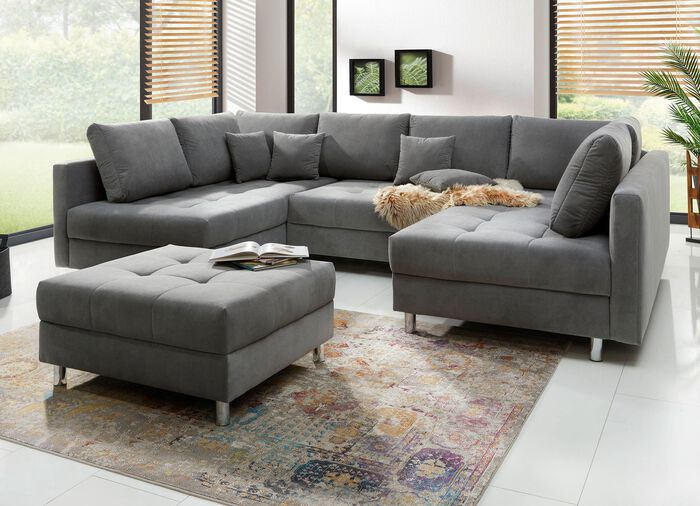 Polsterm&ouml;bel mit Hocker und Kissen GRAU