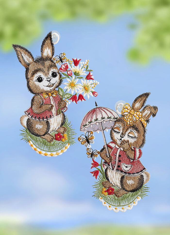 Fensterbild Hasenpärchen, 2er-Set, aus Plauener Spitze 