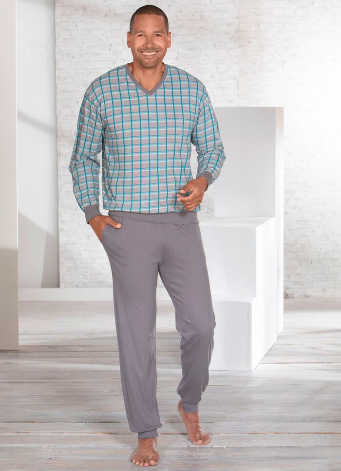 Schlafanzug mit V-Ausschnitt und B&uuml;ndchenabschl&uuml;ssen 